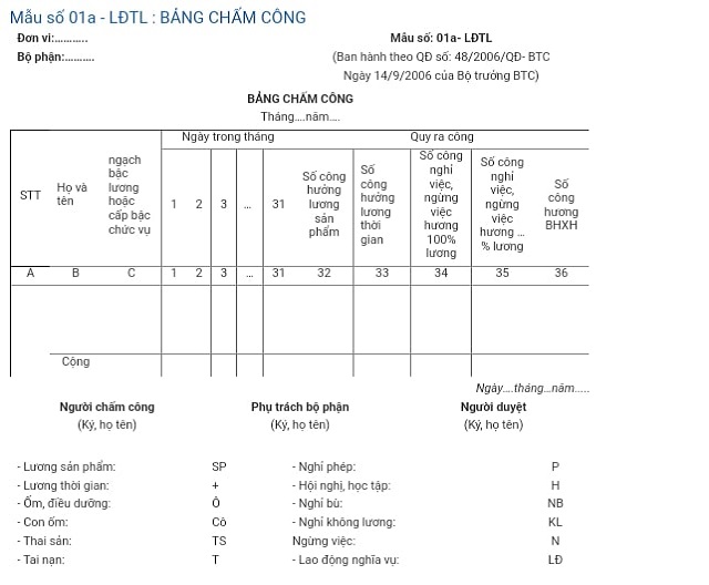 Mẫu bảng chấm công theo quyết định số 48 được ban hành kèm theo quyết định 48/2006/QĐ BTC. Mẫu bảng chấm công theo quyết định số 48 được ban hành kèm theo quyết định 48/2006/QĐ BTC.