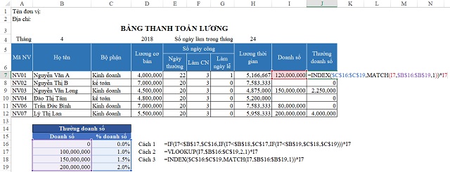 Hàm INDEX và hàm MATCH